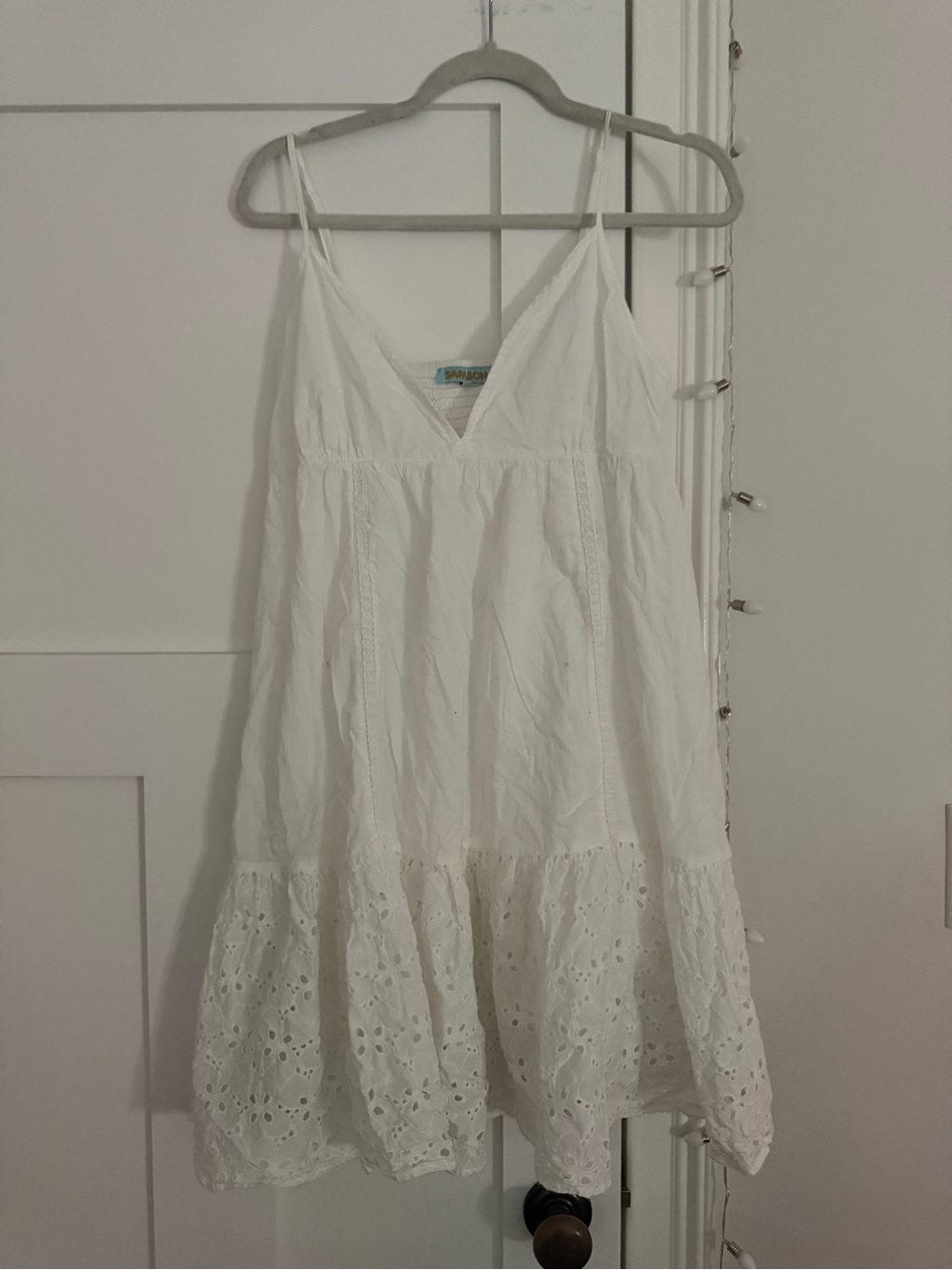 Samson White Shirred Neck dress with Aqua Label